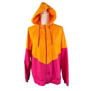 FILA Hot Pink Orange Zip Up Windbreaker Jacket Weather Resistant Bright Hooded